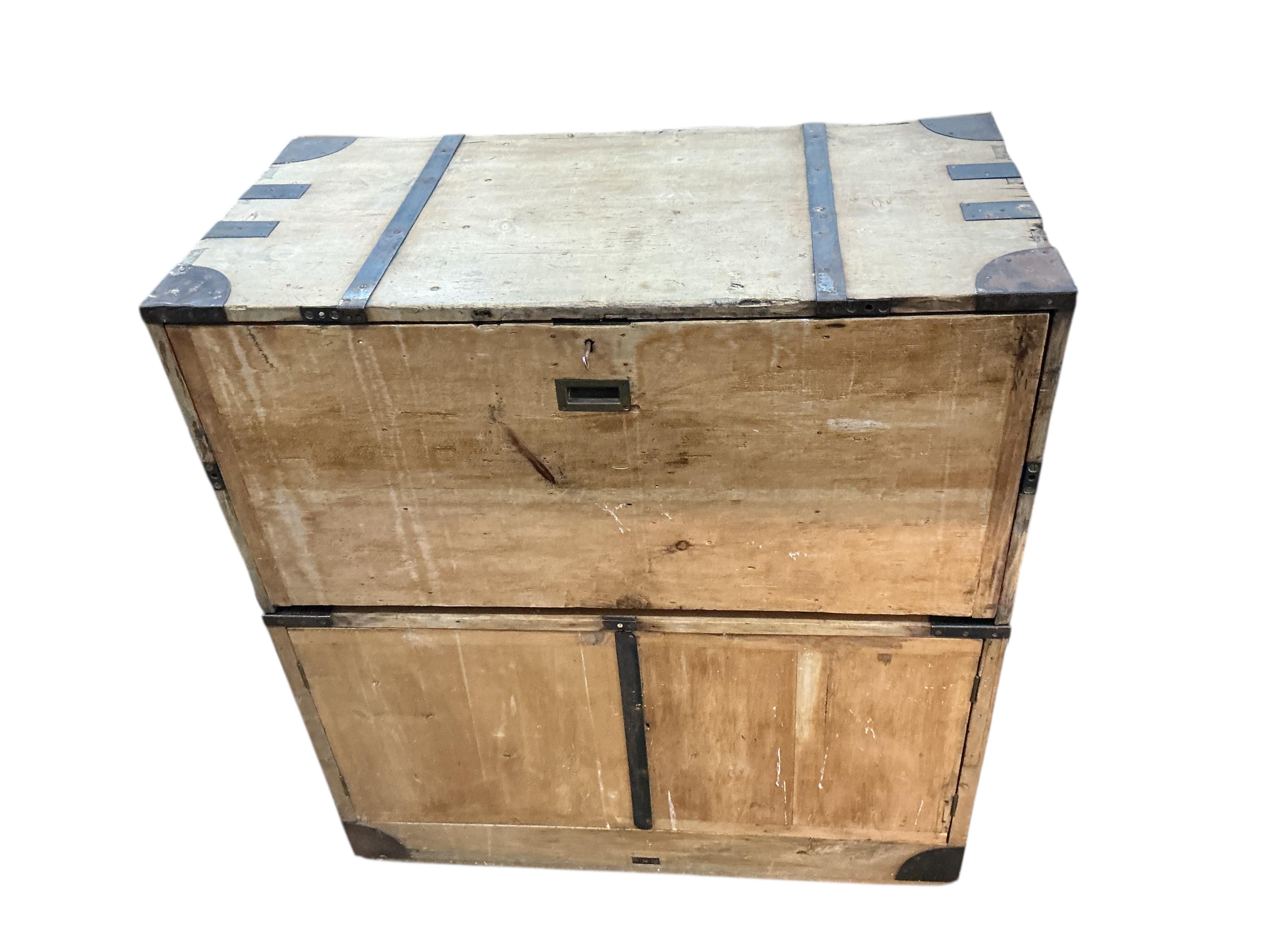 A 19th century pine two section military chest, width 106cm, depth 54cm, height 114cm, Provenance: By repute once the property of Frederick Matte (?) who was present at the Battle of Ladysmith